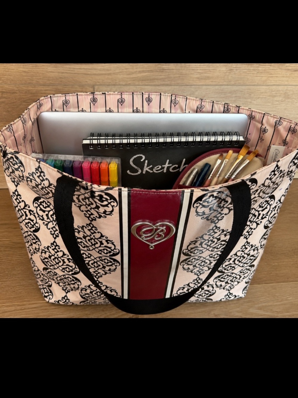Brighton Heart Tote Bag Cream Burgundy Black Filigree Large Shoulder Tote - Picture 2 of 10
